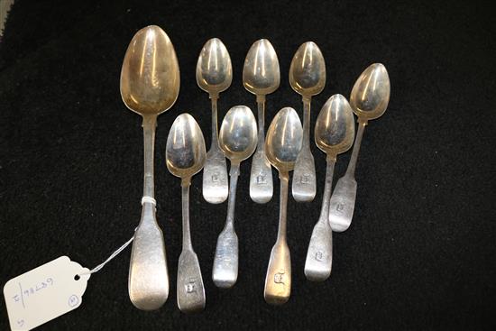 Set of 5 Irish William IV silver teaspoons & 2 later spoons, crested, George III tablespoon & another teaspoon